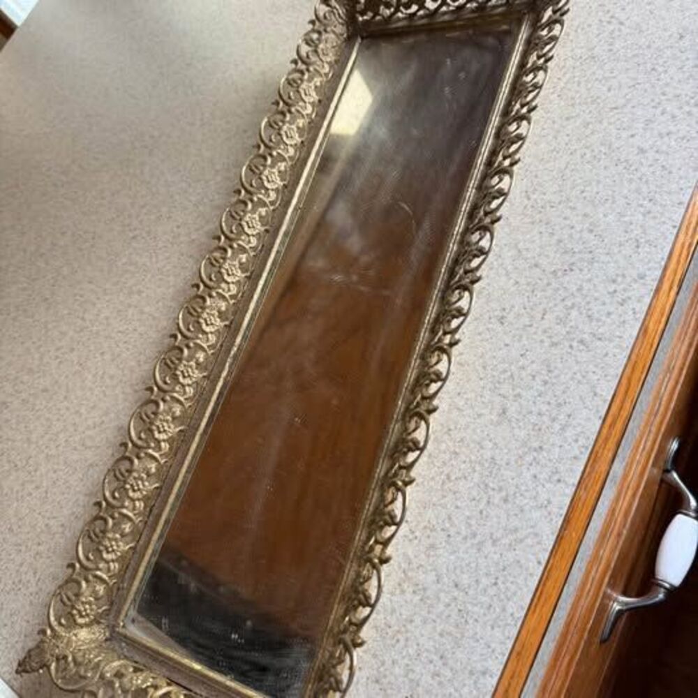 Vintage Ornate Gold Filigree Mirrored Vanity Tray